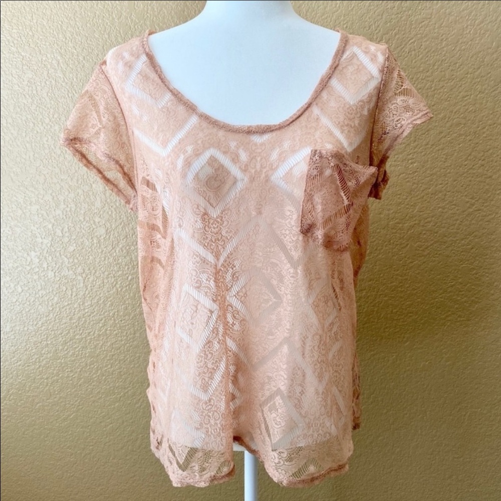 UO Kimchi Blue Blush Pink Lace Sheer Blouse Pocket